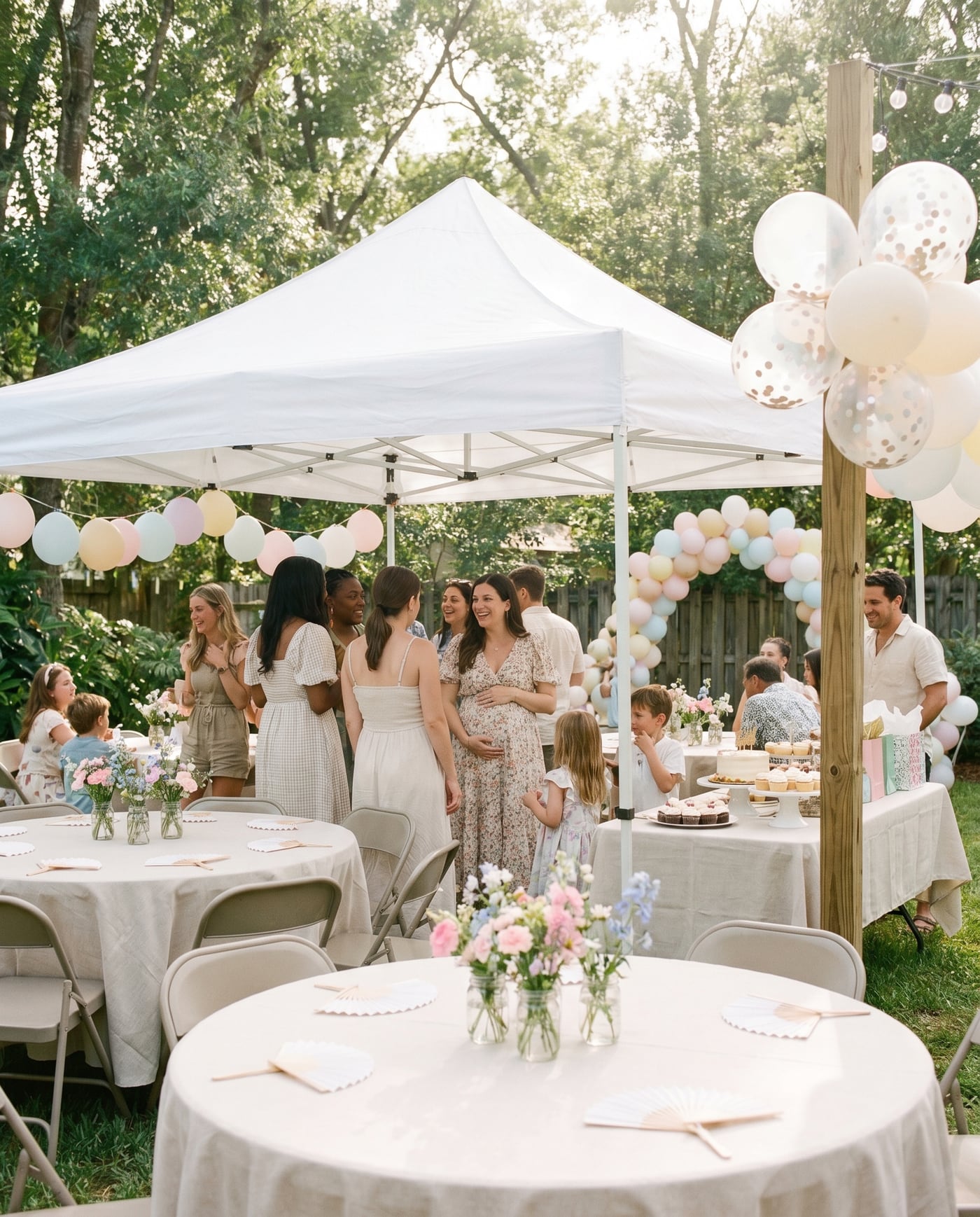 A casual daytime backyard baby shower with rented tables, chairs, and a dessert table