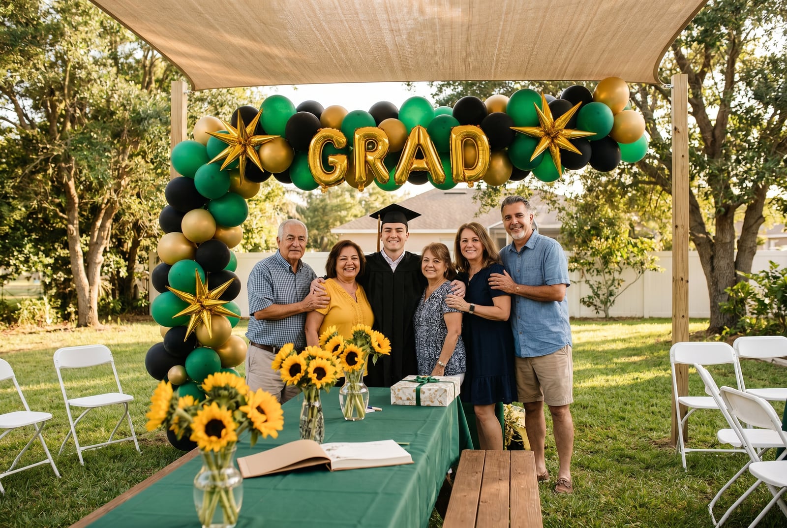 A casual backyard graduation open-house party with rented tables, chairs, and yard games